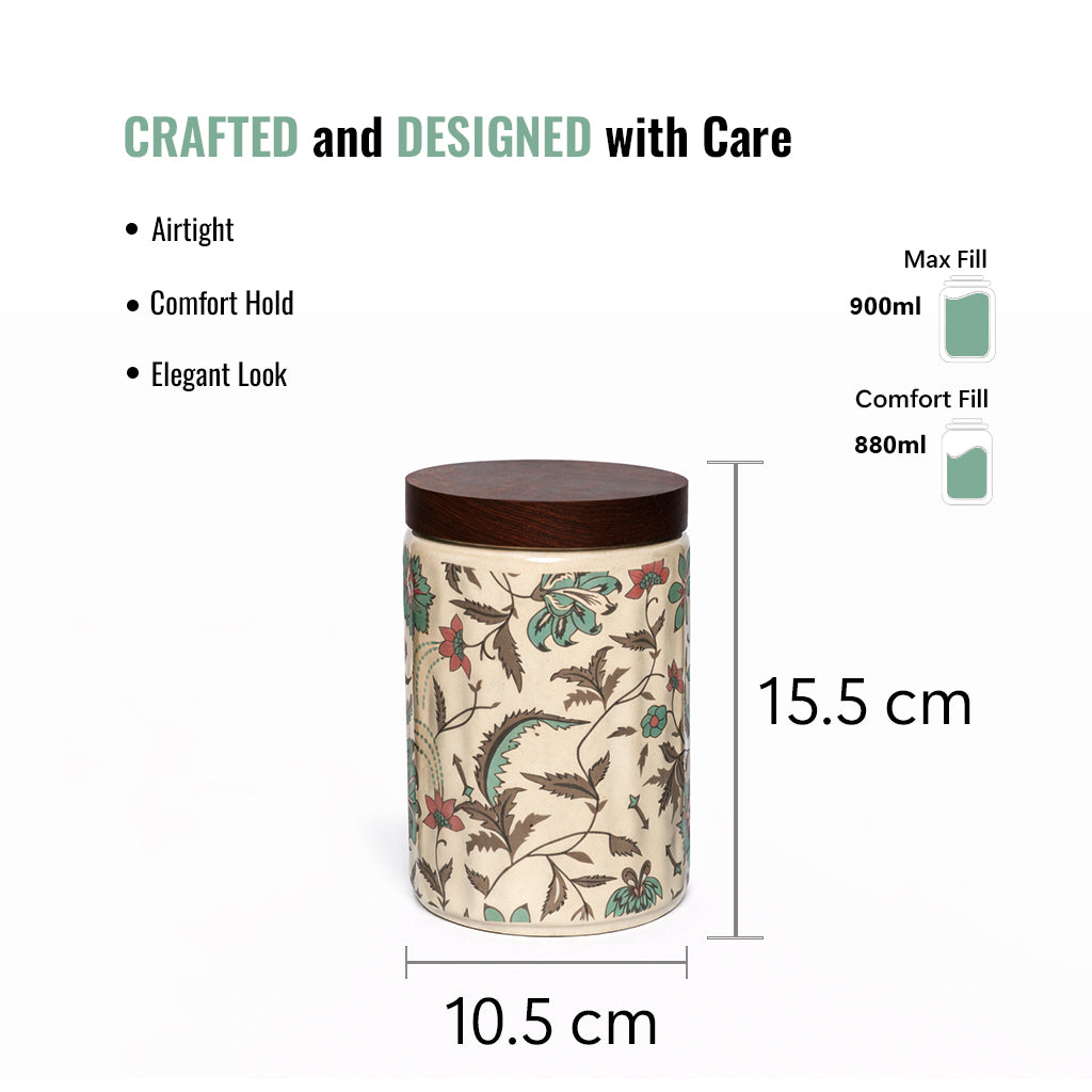 Floral Printed Jar with Wooden Lid| Multicolor | 900ml
