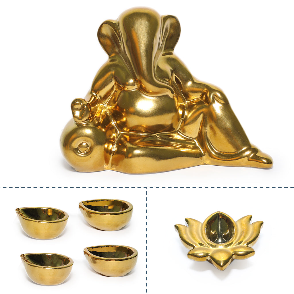 Ceramic Gold Lord Ganesh with Four diya & 1 Lotus Diys