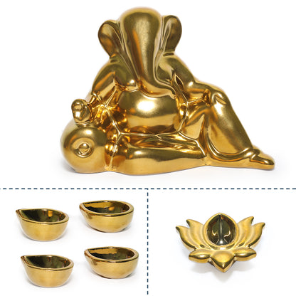 Ceramic Gold Lord Ganesh with Four diya & 1 Lotus Diys