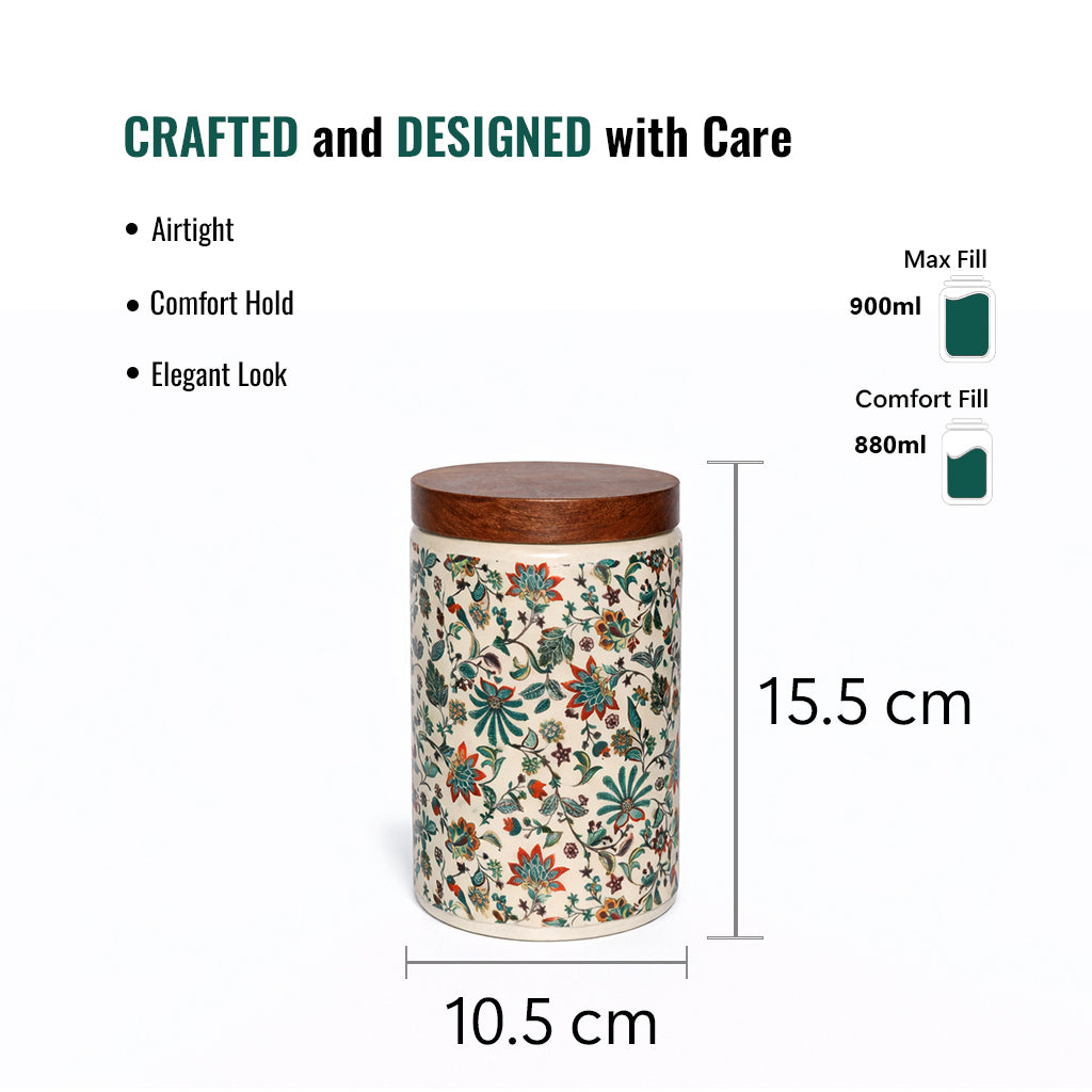 Floral Printed Jar with Wooden Lid| Multicolor | 900ml