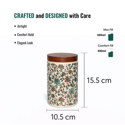 Floral Printed Jar with Wooden Lid| Multicolor | 900ml