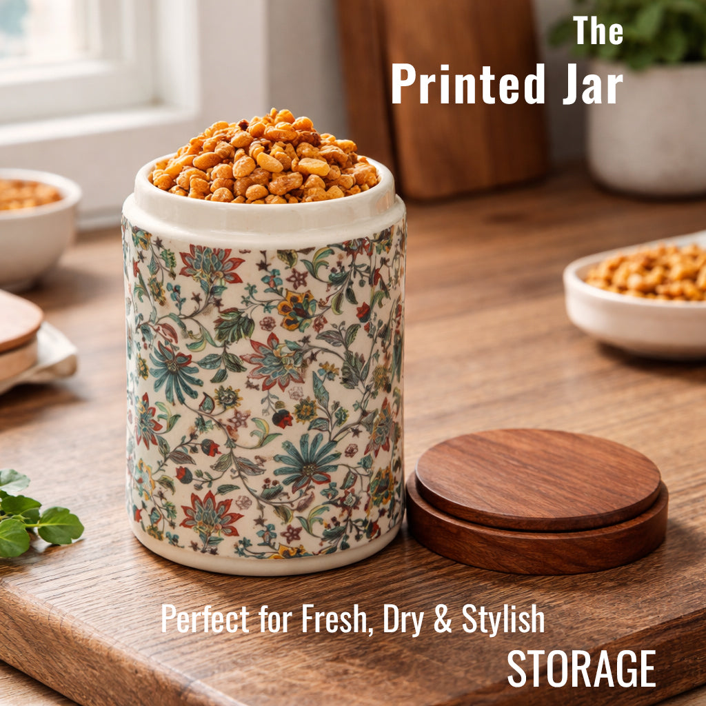 Floral Printed Jar with Wooden Lid| Multicolor | 900ml