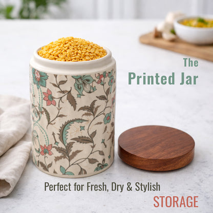 Floral Printed Jar with Wooden Lid| Multicolor | 900ml