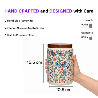 Floral Printed Jar with Wooden Lid| Multicolor | 900ml