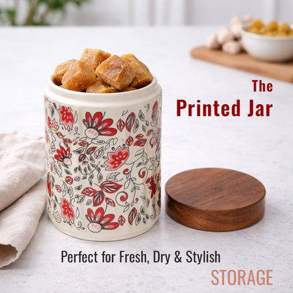 Floral Printed Jar with Wooden Lid| Multicolor | 900ml