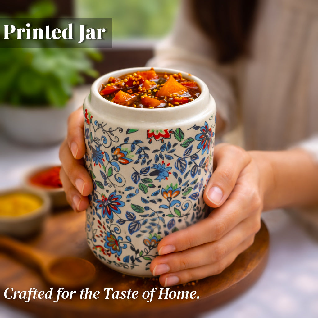 Floral Printed Jar with Wooden Lid| Multicolor | 900ml