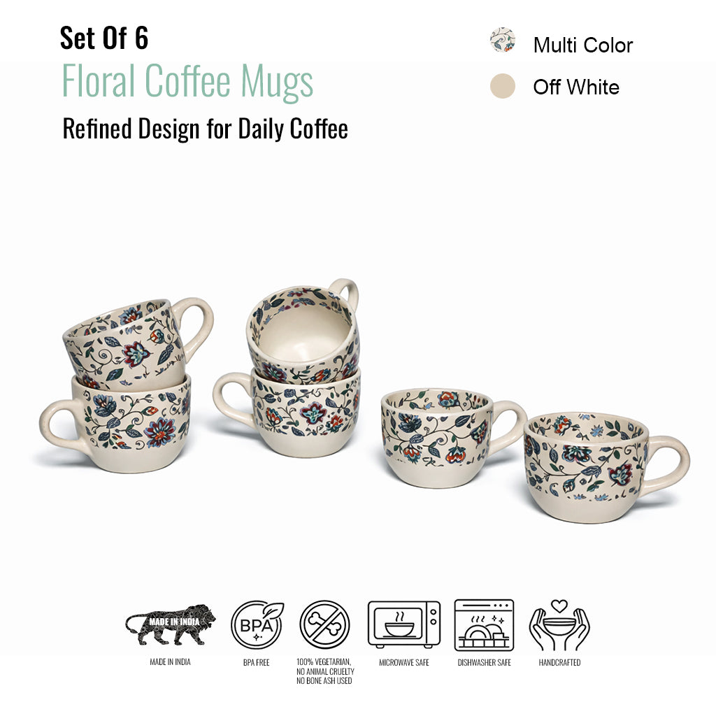 Coffee Mugs Set of 6 | Cream - Multicolor | 200 ml