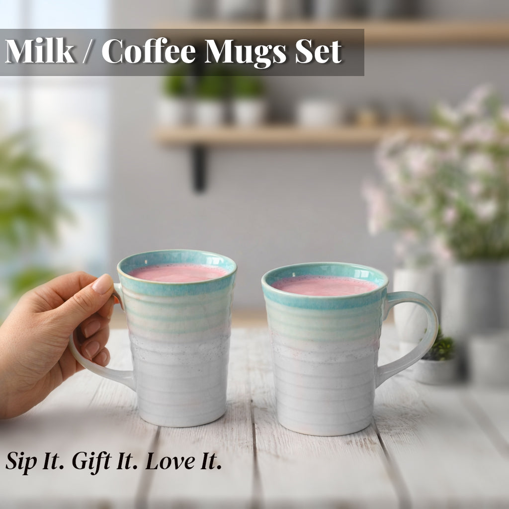 Coffee, Milk, Mugs Set | White - Teal | 320ml
