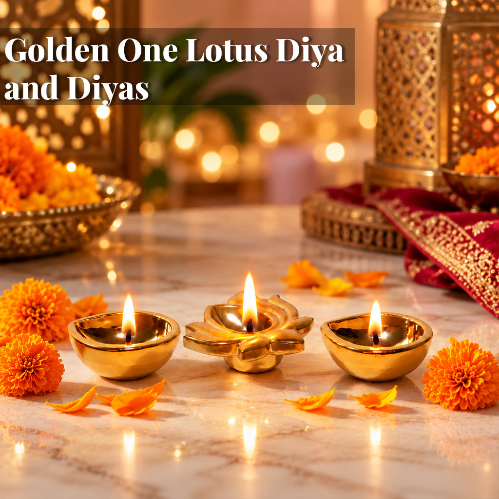 Ceramic Gold One Lotus Diya with 2 Diyas