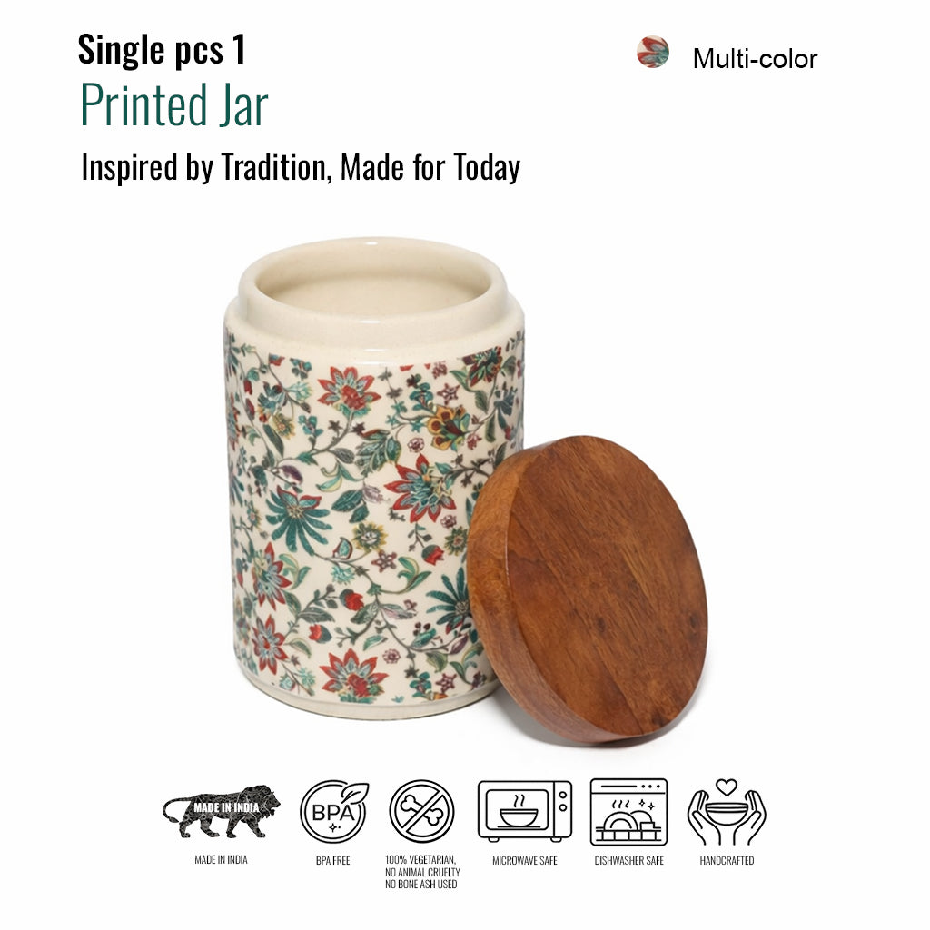 Floral Printed Jar with Wooden Lid| Multicolor | 900ml