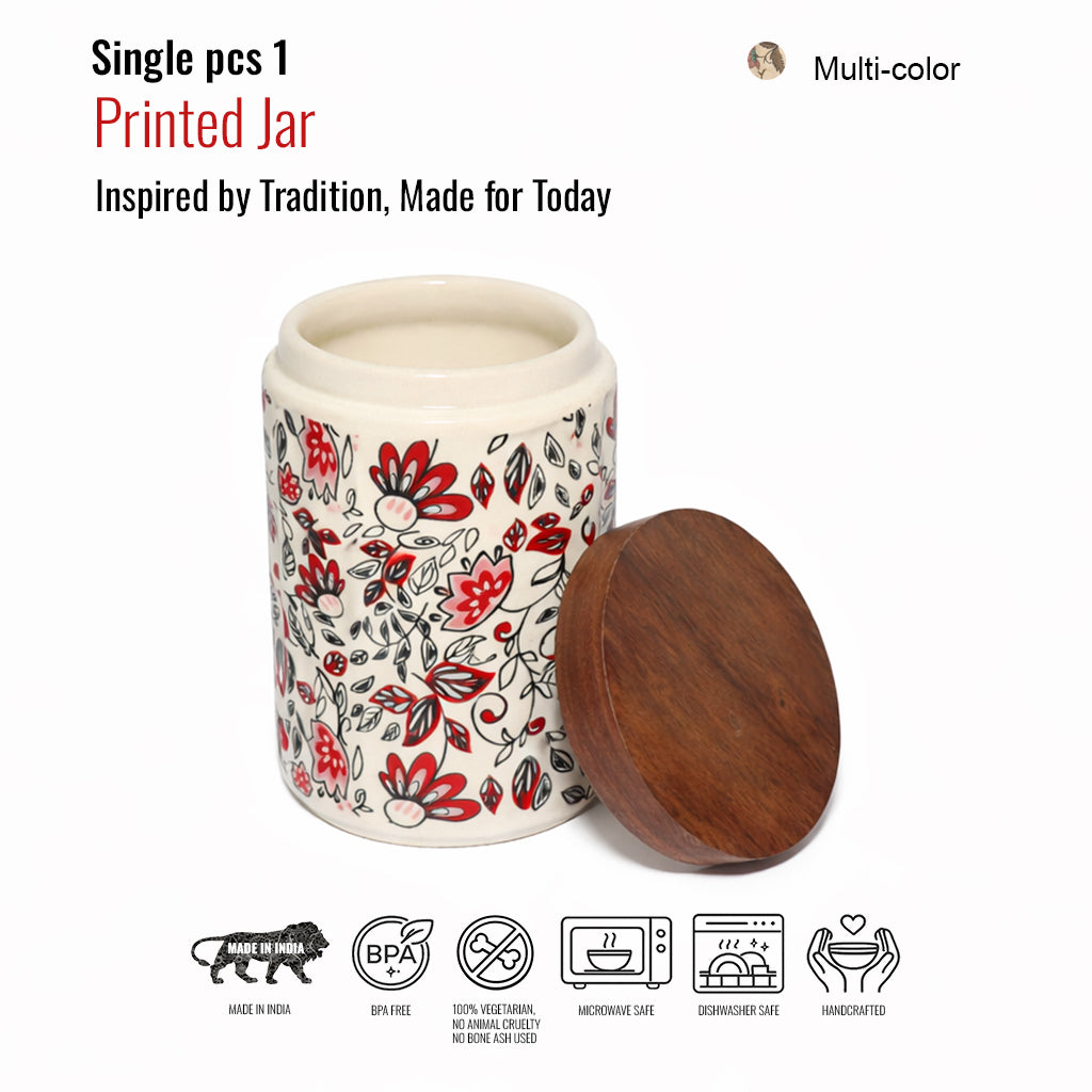 Floral Printed Jar with Wooden Lid| Multicolor | 900ml