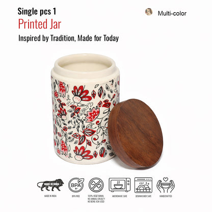 Floral Printed Jar with Wooden Lid| Multicolor | 900ml