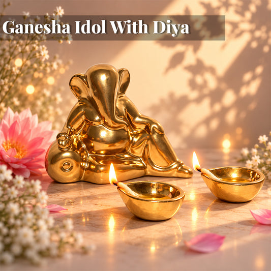 Ceramic Lord Ganesh Idol with Two diyas in Gold Finish