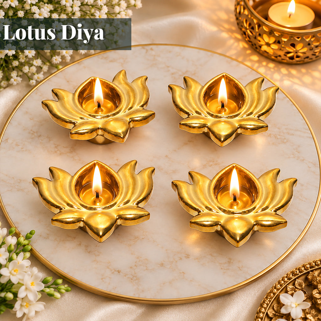 Ceramic 4 Lotus Diyas in Gold Color
