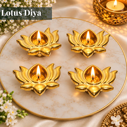 Ceramic 4 Lotus Diyas in Gold Color