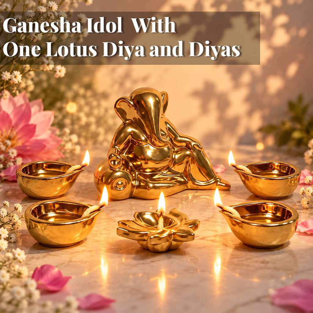 Ceramic Gold Lord Ganesh with Four diya & 1 Lotus Diys