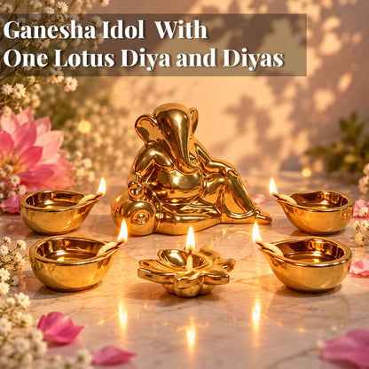 Ceramic Gold Lord Ganesh with Four diya & 1 Lotus Diys