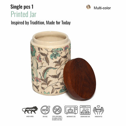 Floral Printed Jar with Wooden Lid| Multicolor | 900ml
