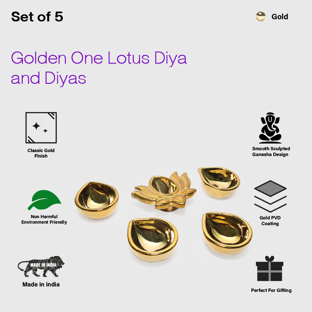 Ceramic Gold One Lotus Diya with 4 Diyas