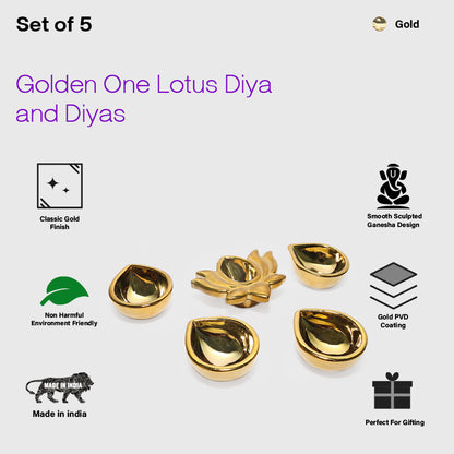 Ceramic Gold One Lotus Diya with 4 Diyas