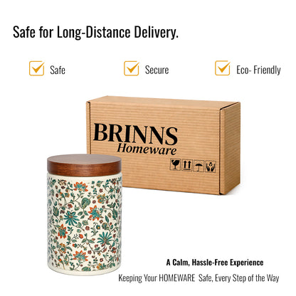 Floral Printed Jar with Wooden Lid| Multicolor | 900ml