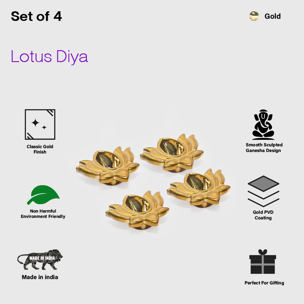 Ceramic 4 Lotus Diyas in Gold Color