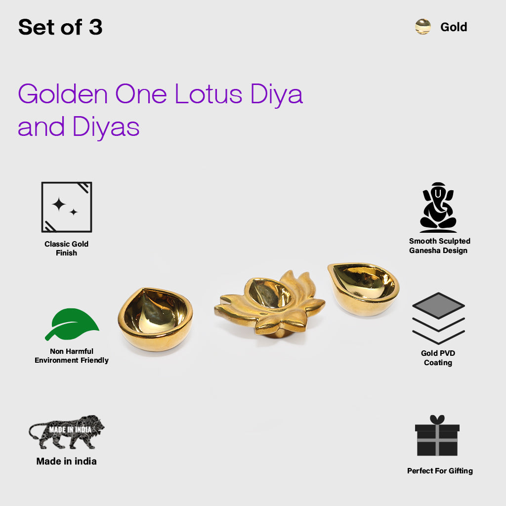 Ceramic Gold One Lotus Diya with 2 Diyas