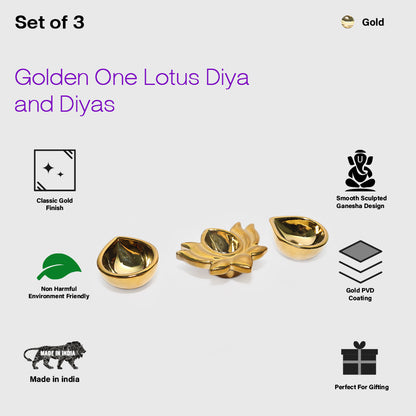 Ceramic Gold One Lotus Diya with 2 Diyas