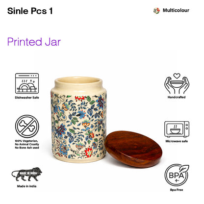 Floral Printed Jar with Wooden Lid| Multicolor | 900ml