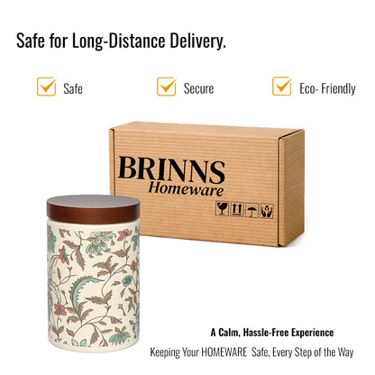 Floral Printed Jar with Wooden Lid| Multicolor | 900ml