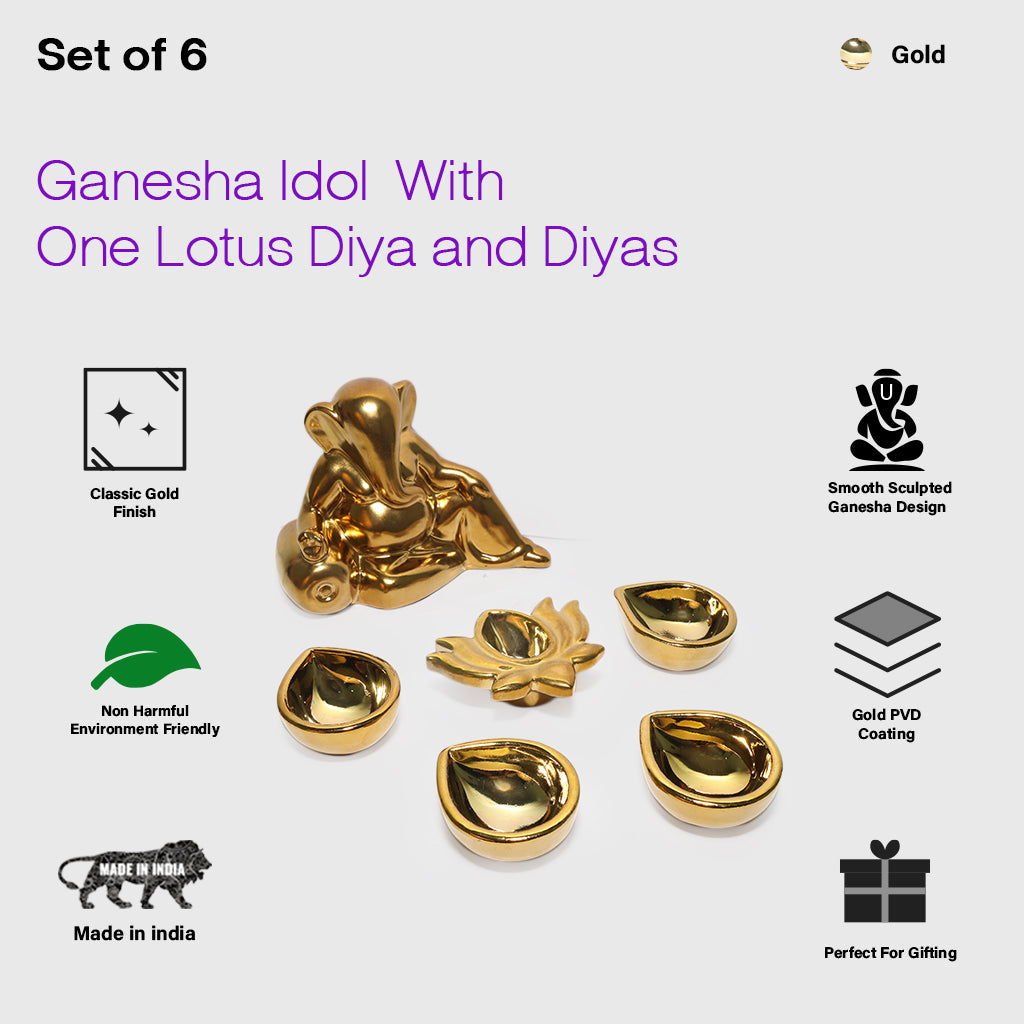 Ceramic Gold Lord Ganesh with Four diya & 1 Lotus Diys