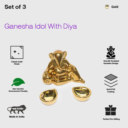 Ceramic Lord Ganesh Idol with Two diyas in Gold Finish