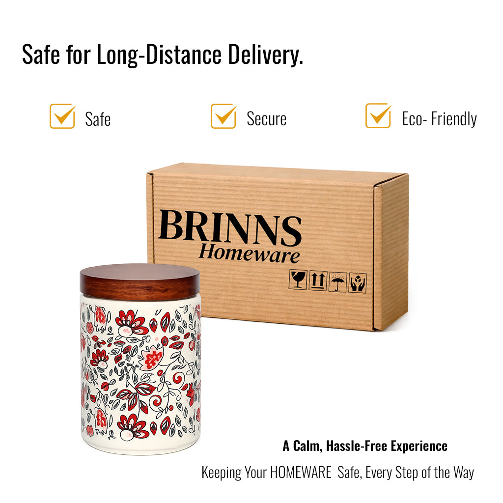 Floral Printed Jar with Wooden Lid| Multicolor | 900ml