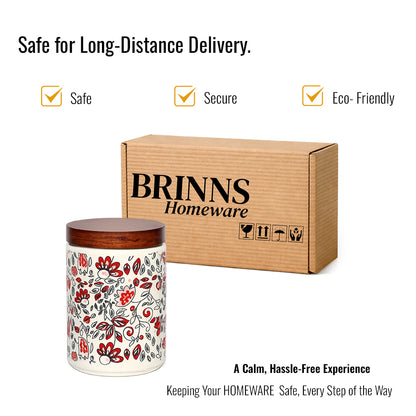 Floral Printed Jar with Wooden Lid| Multicolor | 900ml