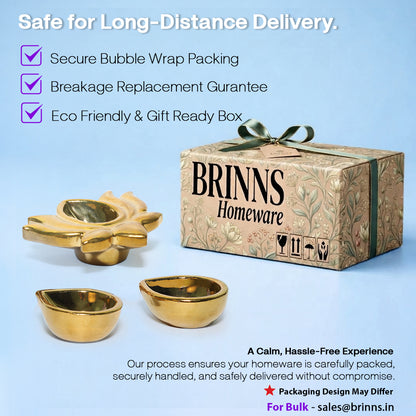 Ceramic Gold One Lotus Diya with 2 Diyas