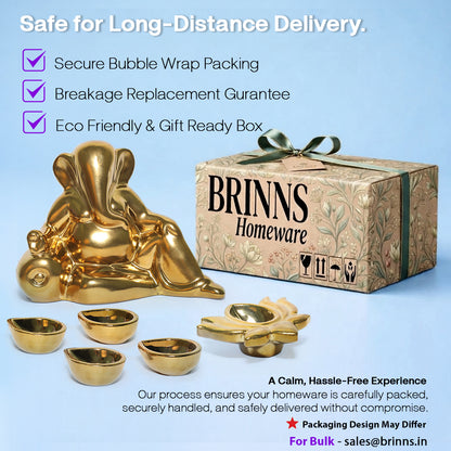 Ceramic Gold Lord Ganesh with Four diya & 1 Lotus Diys