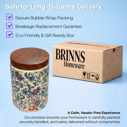 Floral Printed Jar with Wooden Lid| Multicolor | 900ml