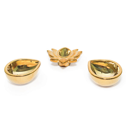 Ceramic Gold One Lotus Diya with 2 Diyas