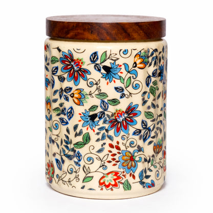 Floral Printed Jar with Wooden Lid| Multicolor | 900ml
