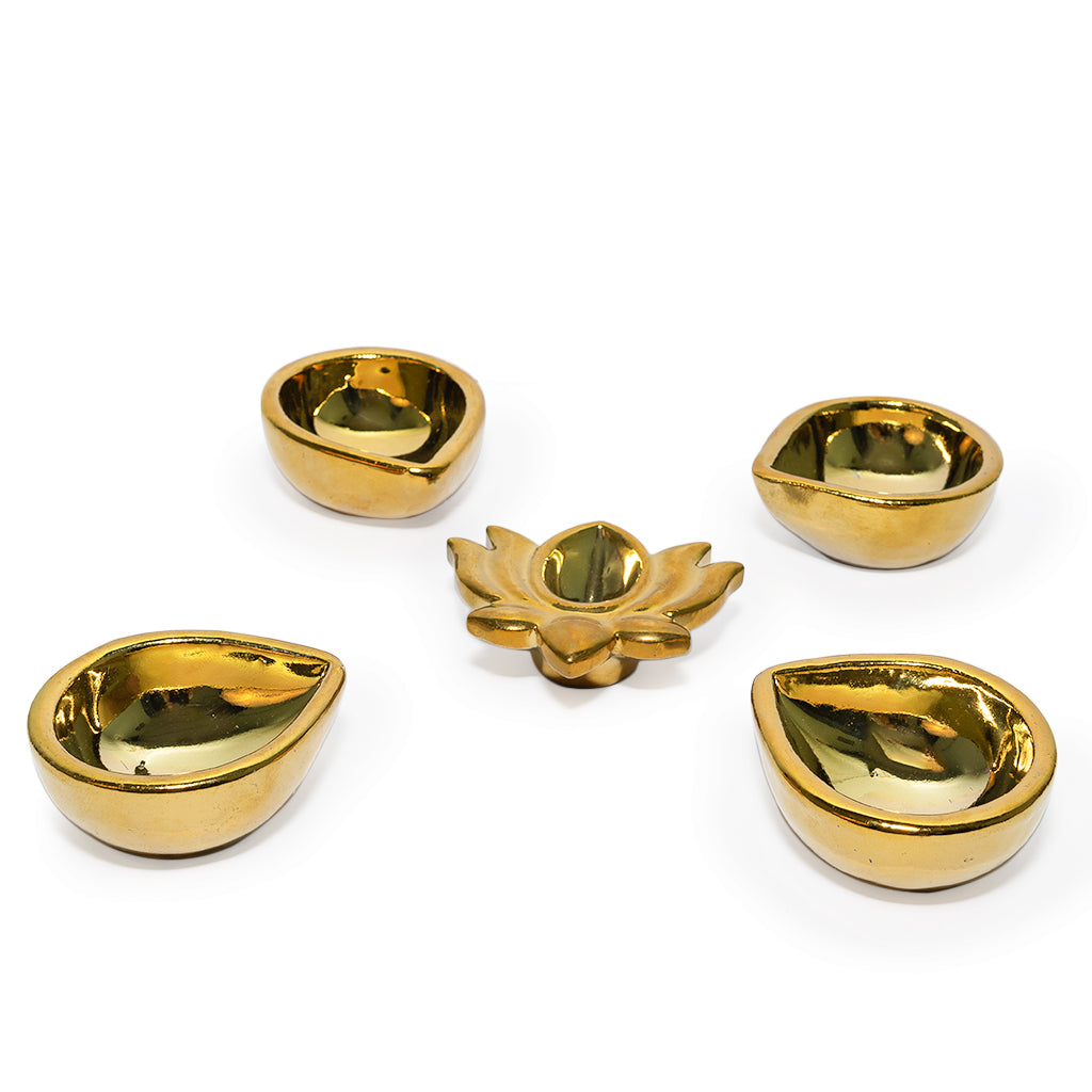 Ceramic Gold One Lotus Diya with 4 Diyas