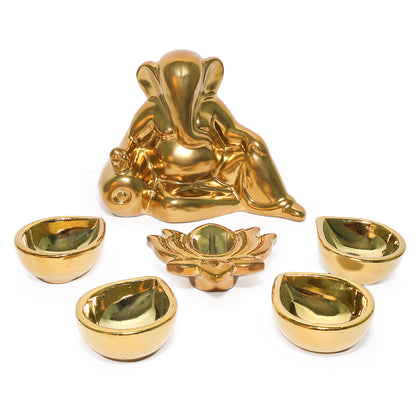 Ceramic Gold Lord Ganesh with Four diya & 1 Lotus Diys