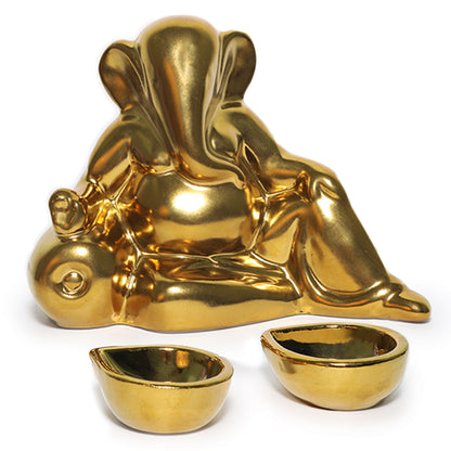 Ceramic Lord Ganesh Idol with Two diyas in Gold Finish