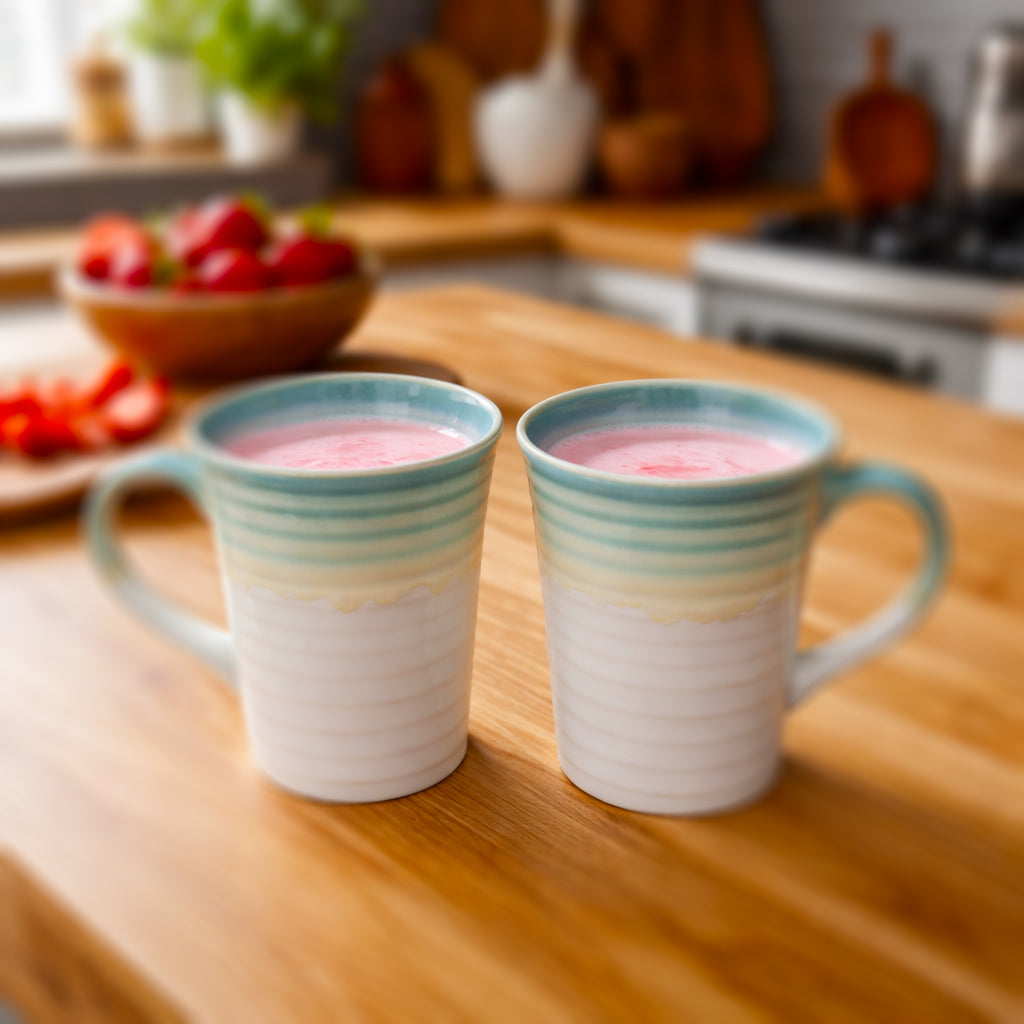 Coffee, Milk, Mugs Set | White - Teal | 320ml