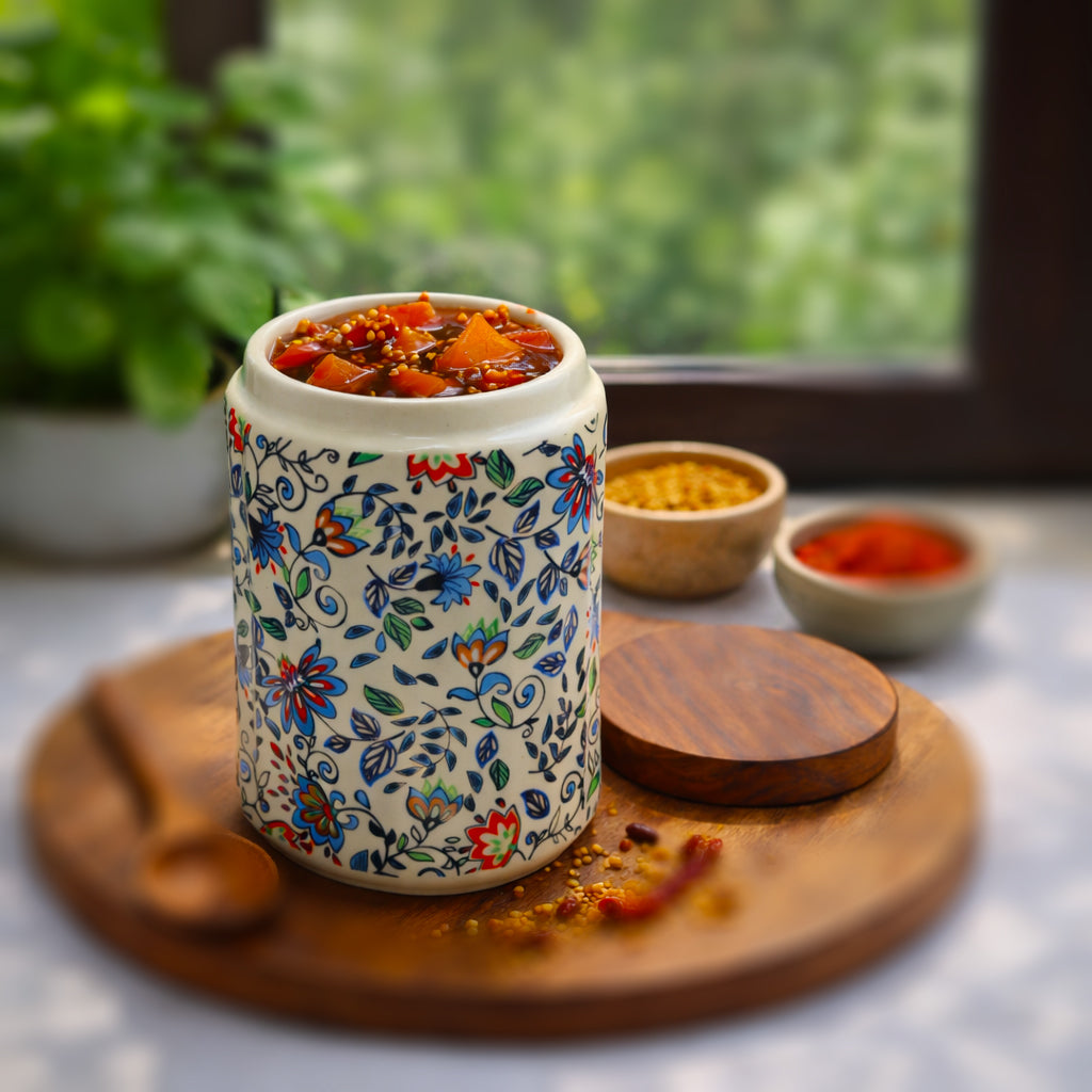 Floral Printed Jar with Wooden Lid| Multicolor | 900ml