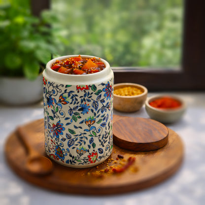 Floral Printed Jar with Wooden Lid| Multicolor | 900ml