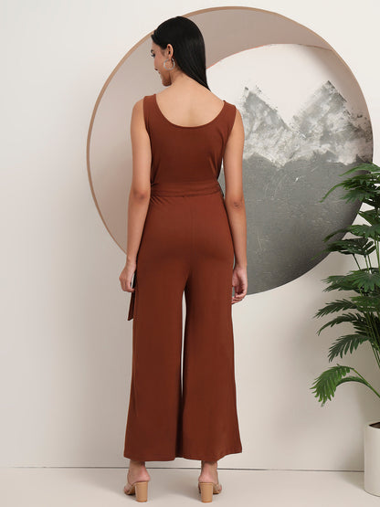 BRINNS Women Cotton Solid Round Neck Sleeveless Jumpsuit With Waist Tie-Ups
