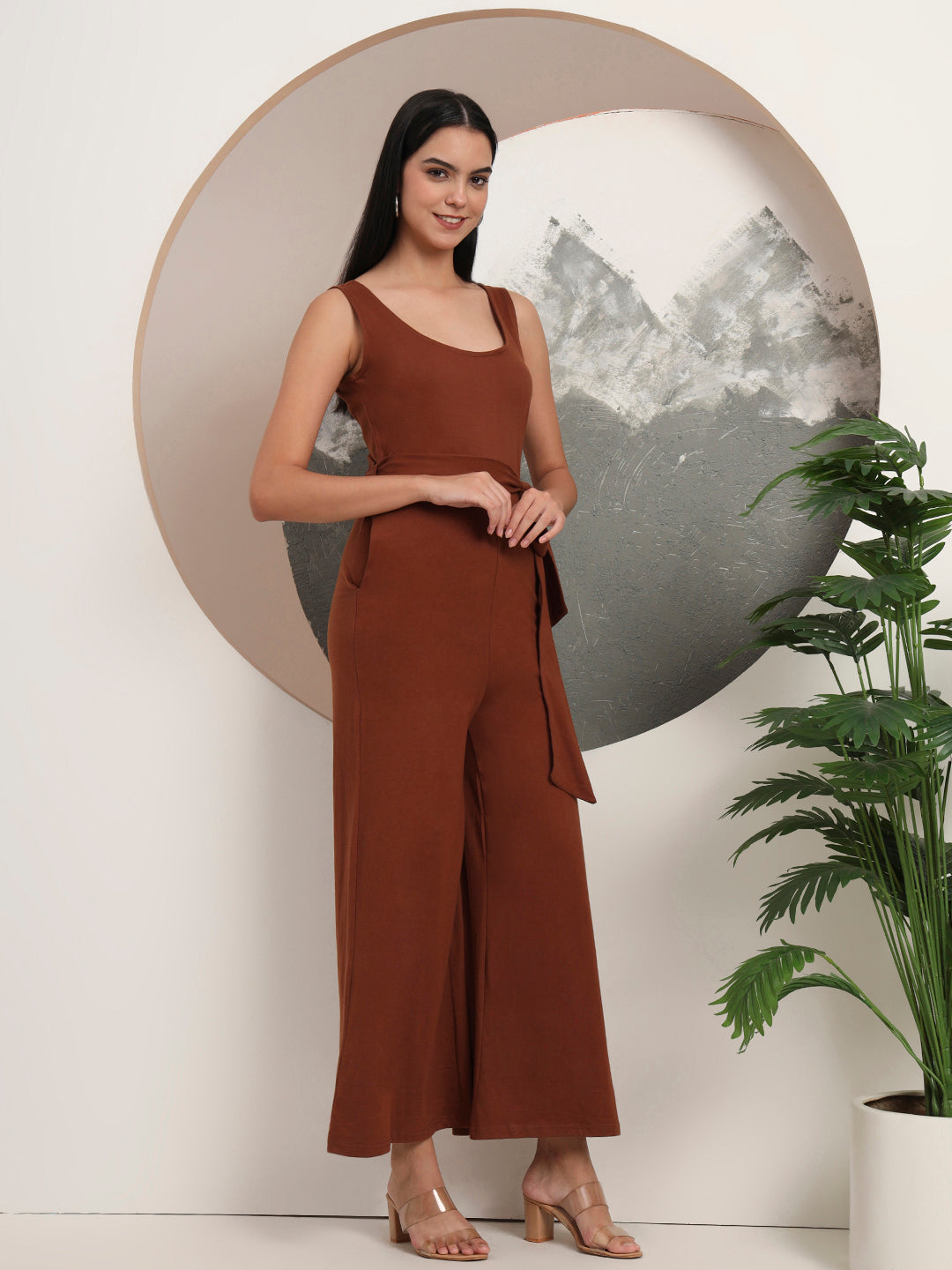 BRINNS Women Cotton Solid Round Neck Sleeveless Jumpsuit With Waist Tie-Ups