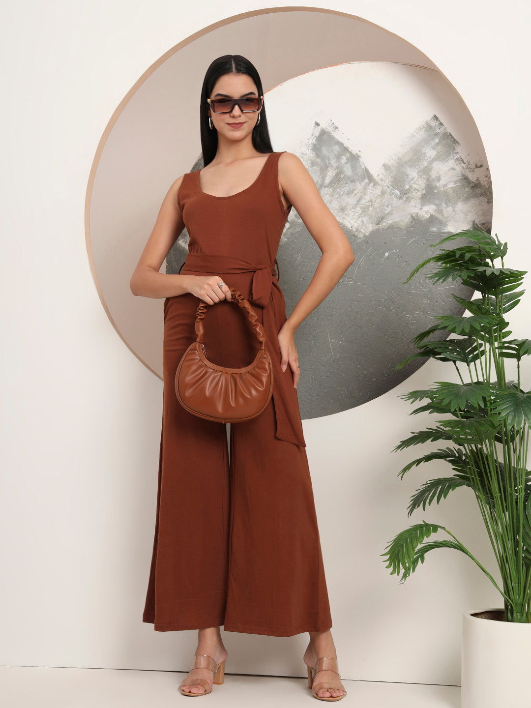 BRINNS Women Cotton Solid Round Neck Sleeveless Jumpsuit With Waist Tie-Ups