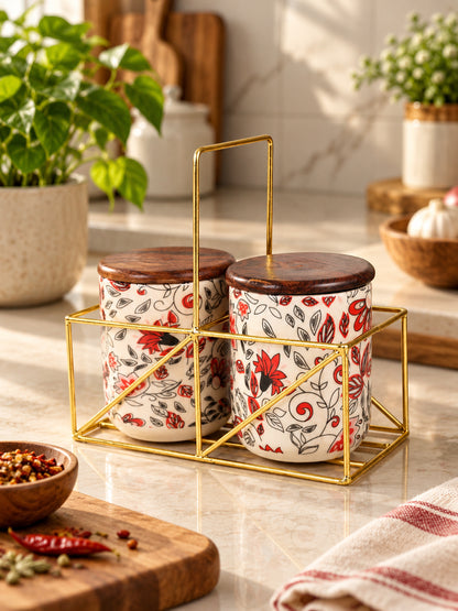 Small Jars with Wooden lid- Set of 2 with Metal Stand