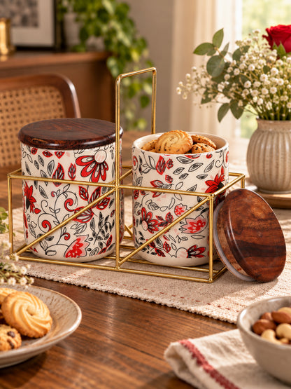 Small Jars with Wooden lid- Set of 2 with Metal Stand